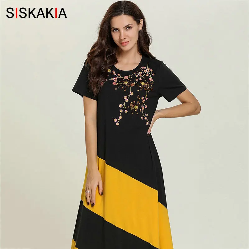 Siskakia Лето футболка длинное платье модное цветное платье с цветочной вышивкой повседневные макси платья размера плюс Круглый вырез короткий рукав