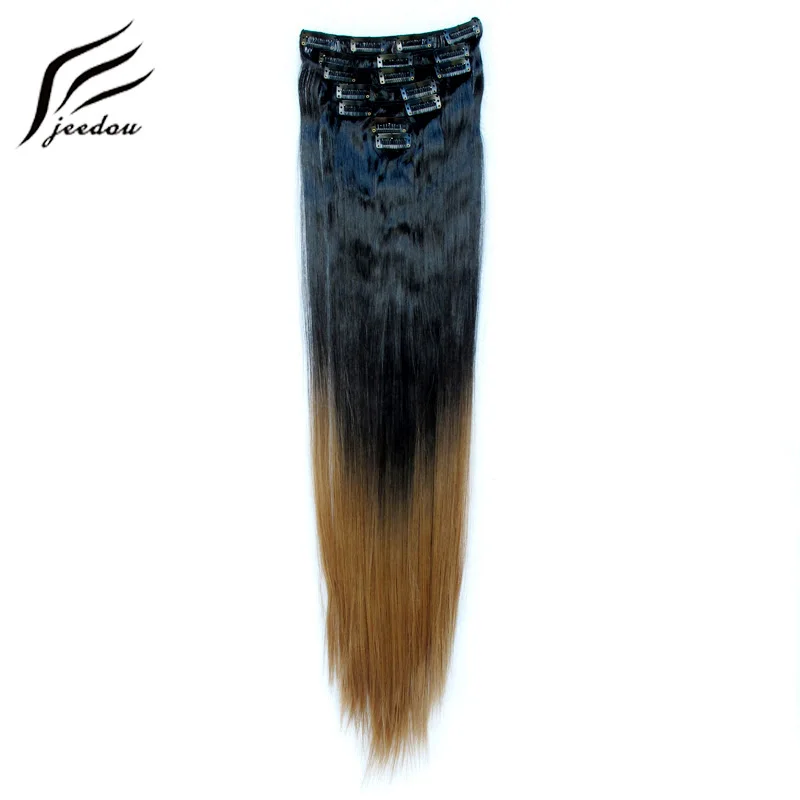 

jeedou Clip In Hair Extensions Straight 22" 100g Black Brown Gray Color False Styling Hair Synthetic Piano Ombre Color Hairpiece