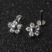  5 Crystal Petals Flower 16G Titanium G23  Internally Threaded Labret Lip Piercing Ear Cartilage Helix Tragus Stud Body Jewelry 