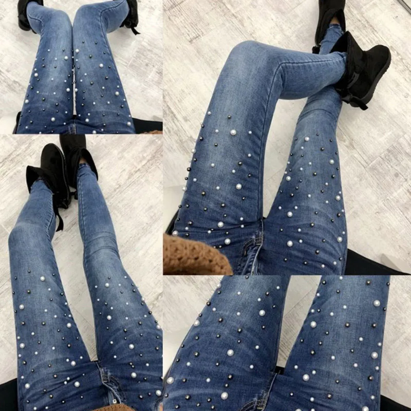 

Newly Spring Autumn Women Jeans High Waist Stretch Denim Pencil Pants Casual Slim Fit Rivet Pearl Trousers VK-ING