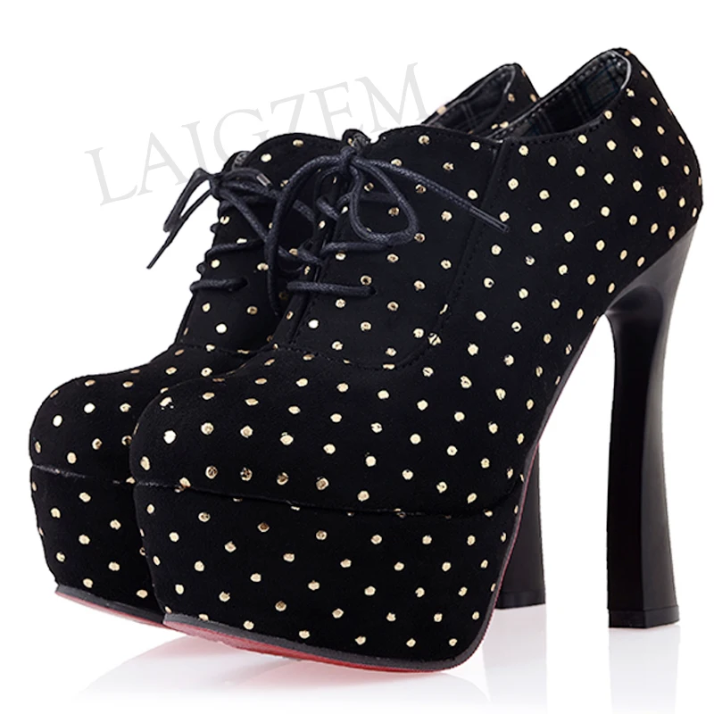 

LAIGZEM Polka Dots Women Ankle Booties Platform High Heels Short Boots Lace Up Shoes Woman Botines Mujer Large Size 33-44