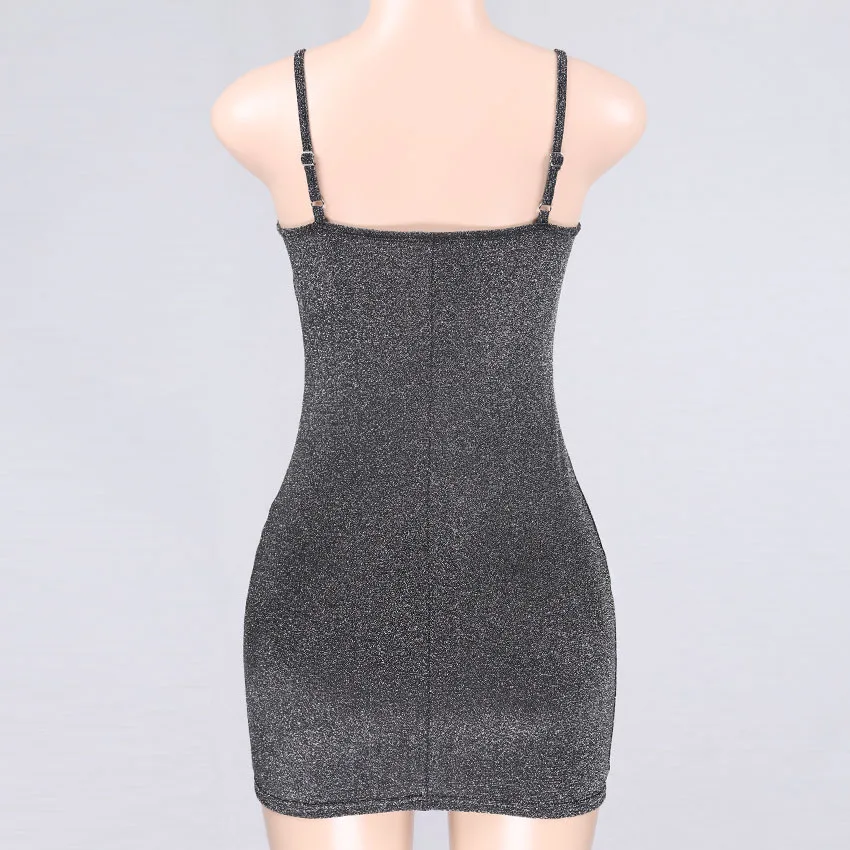 2018 Women Sexy Waist Silver Dress Temperament commute Suspender Backless Slim Dress Off Shoulder Dress Slim Fit