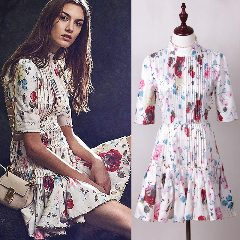 

High Quality 2019 New Arrival Spring Summer Designer Runway Dress Women Elegant Sexy Floral Print Lady Beads Pleated Party Dress