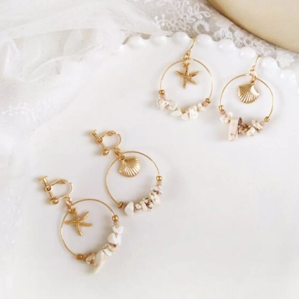 

fashion Vintage Gold Alloy Sea Shell Sterfhish Dangle Errings For Women Round Circle With Stone Beads Earrings Summer Jewelry