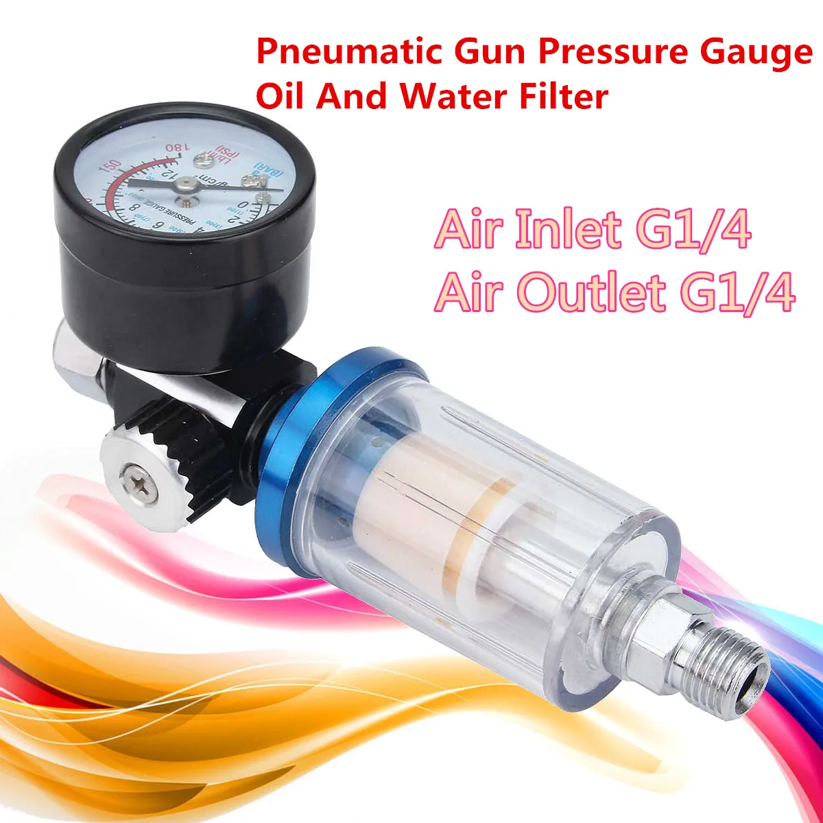 

G1/4 Pneumatic-Gun Air Regulator Pressure Gauge with In Line Water Trap Filter Separator Air Inlet Set Kit