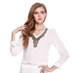 Белый Элегантный V шеи с длинным рукавом черный, белый цвет твердые блузка Осень Для женщин Рабочая одежда рубашка Топ