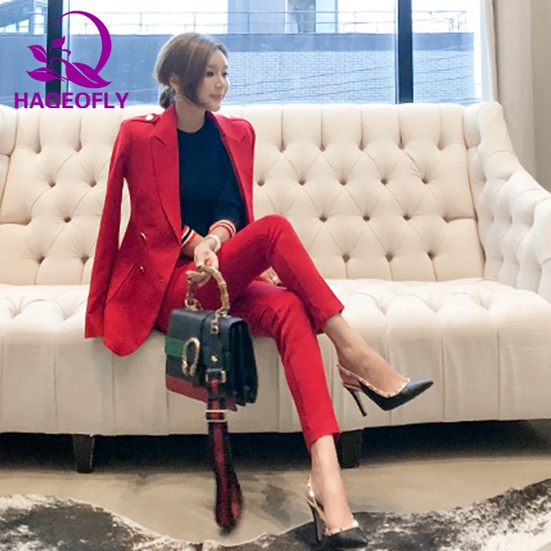 HAGEOFLY Autumn Red Women's Suit Elegant Fashion Double Button OL Notched 2 Pieces Set Bussines Office Lady Blazer Pants Suits