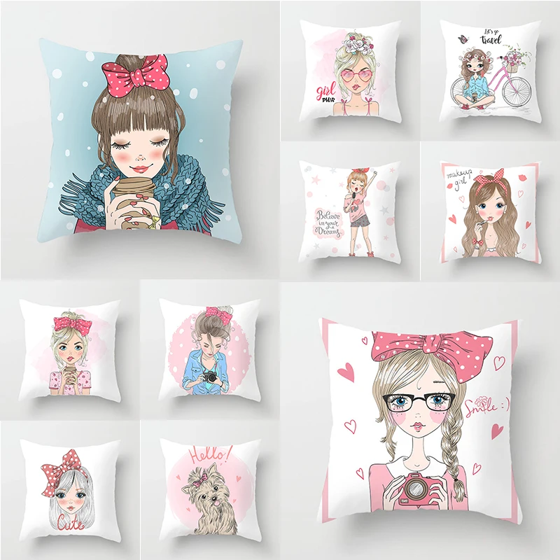 

Cartoon Girls Printed Cute Dog Girl Cushion Cover 45*45 Polyester Hot Gifts For Girlfriend Throw Pillow Covers Couch Pillowcases