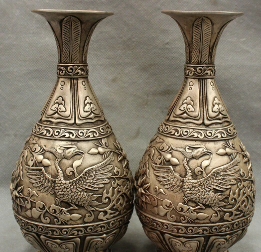 

shitou 002262 11" China Dynasty Palace Silver Phoenix Crane Flower Bottle Vase Pot Statue Pair discount 30% (C0324)