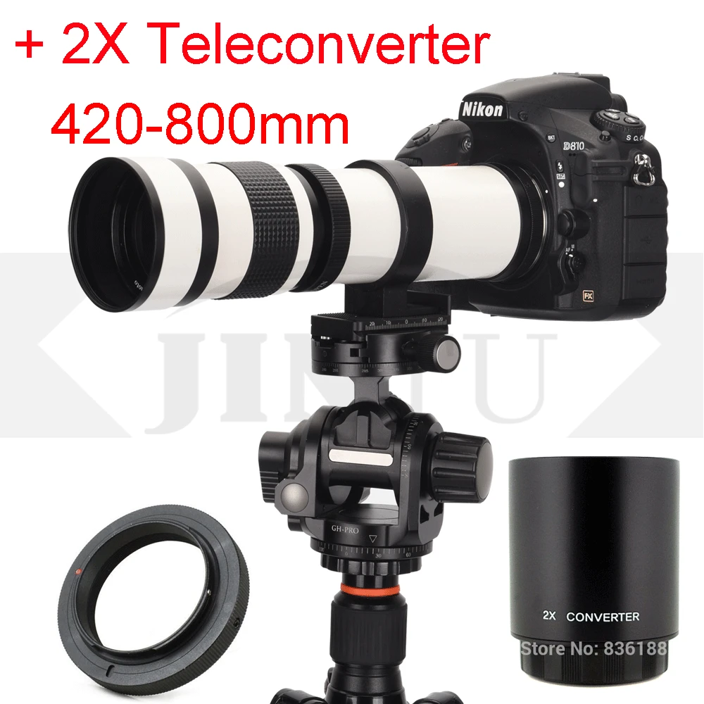 Телеобъектив JINTU белый 420 800 мм + телеконвертер 2x 1600 для Canon 650D 750D 760D 800D 77D 6D 7D 6DII 7DII 5DII