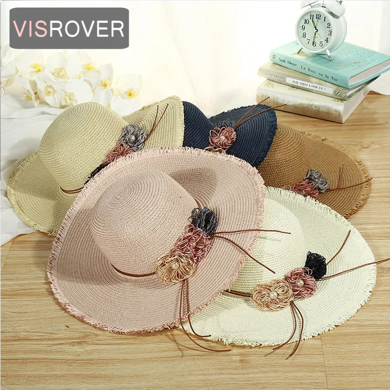 

VISROVER New Solid Floppy Straw Hats For Women Flower Accessories ladies Summer Beach Sun Caps Panama Style Hat wholesales