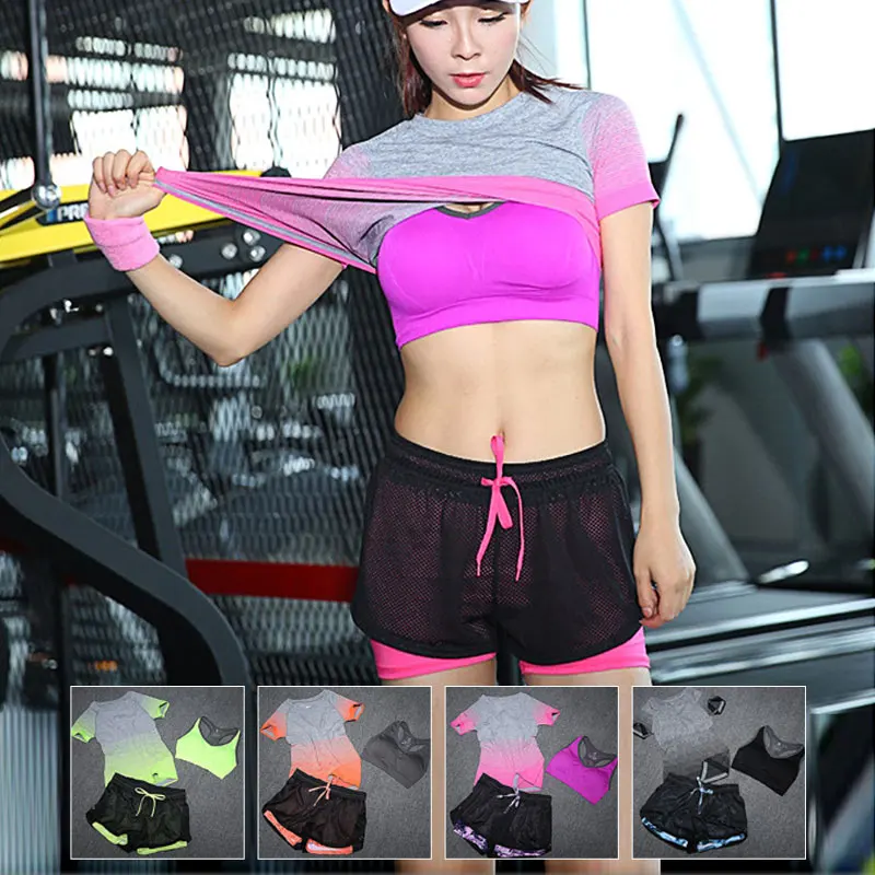 Billig ALBREDA 2018 Neue Frauen Yoga Sport Anzug Bh Set 3 Stück Weiblichen Kurzen ärmeln Sommer Sportswear Laufen Fitness Training kleidung