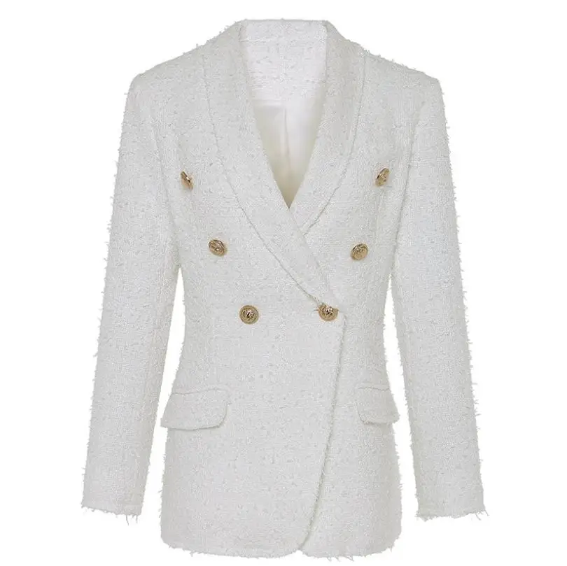 HIgh quality women blazer tweed jacket coat autumn fashion metal button double breasted lapel long sleeve elegant overcoat L1361