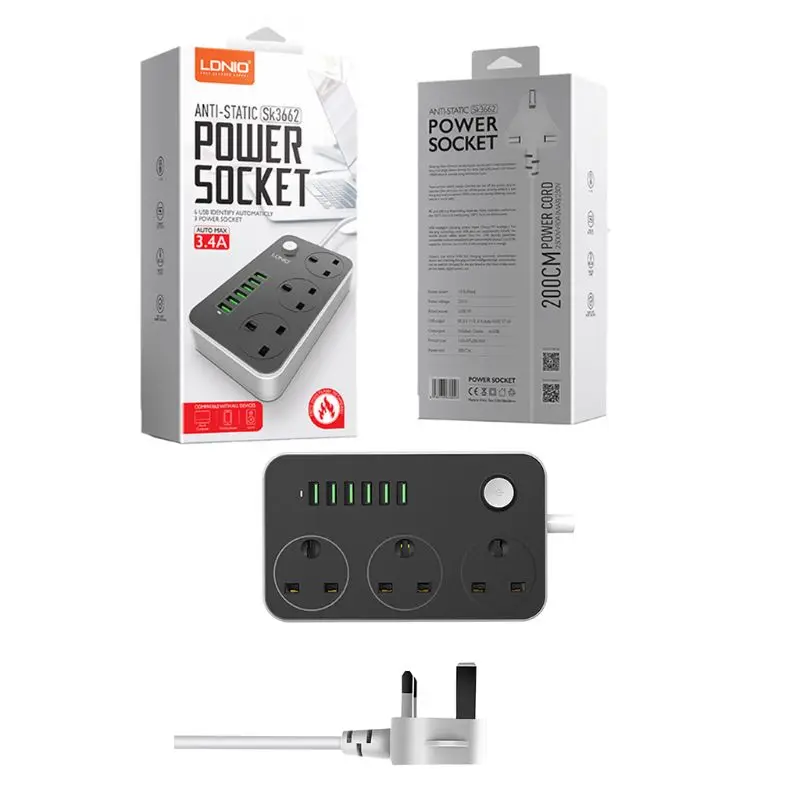 

Power Strips 3 Way Outlets 6 USB Ports Surge Protection Universal UK Plugs Socket Bold Extension Cord