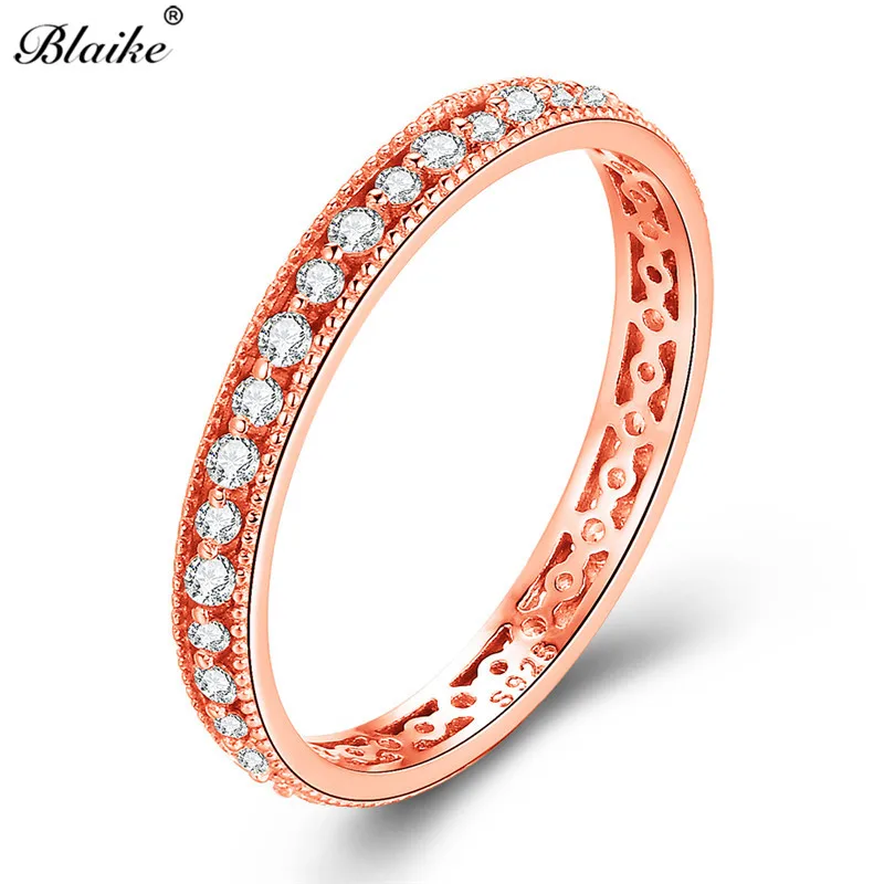 Blaike, твердые 925 пробы, серебряные кольца для женщин, минималистичный камень, свадебное тонкое кольцо, штабелирование, обещание, обручальное кольцо с цирконием - Цвет камня: Rose Gold Ring