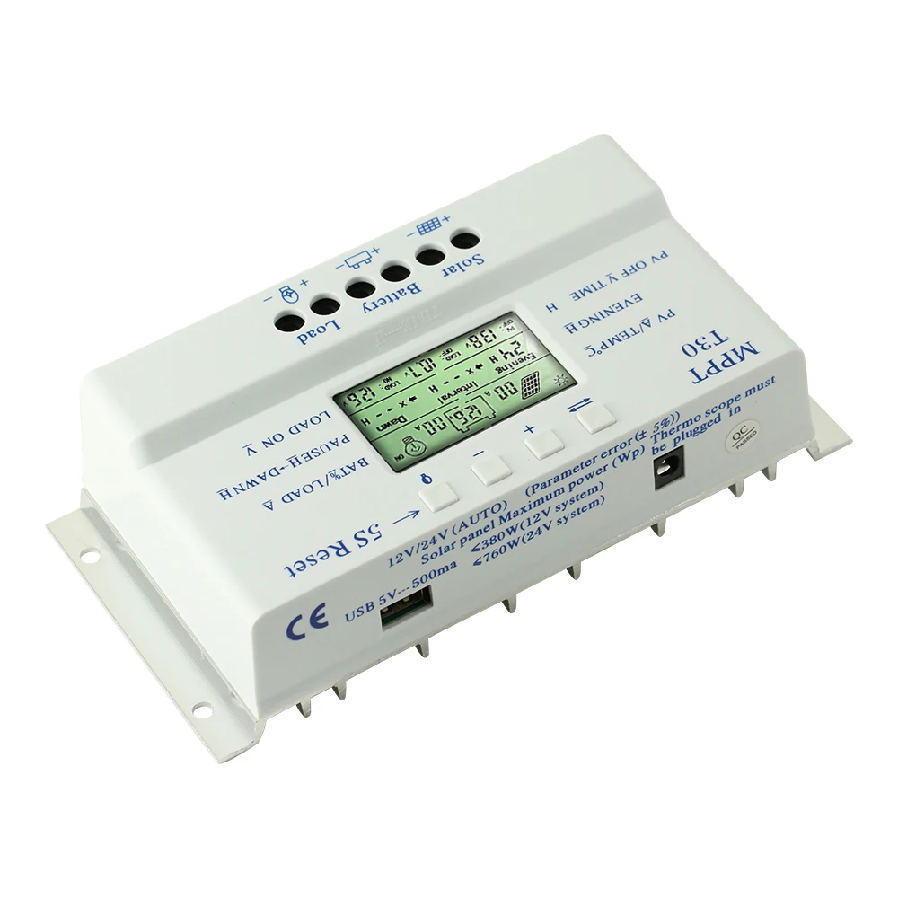 MPPT T30 солнечное зарядное устройство управление Лер 30A 12 В 24 в авто ЖК-дисплей CE сертифицированный светильник и двойной таймер контроль напряжения