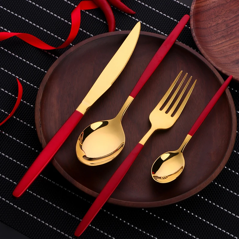  16/24PCS Red Gold Cutlery Stainless Steel Flatware Set Dinner Knife Spoon Fork Set Kitchen Tools Di - 32958246140