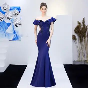 

2020 Navy Blue Formal Evening Dress Long V Neck Beading Sexy Prom Party Evening Gown Mermaid Dress Robe de Soiree LF451