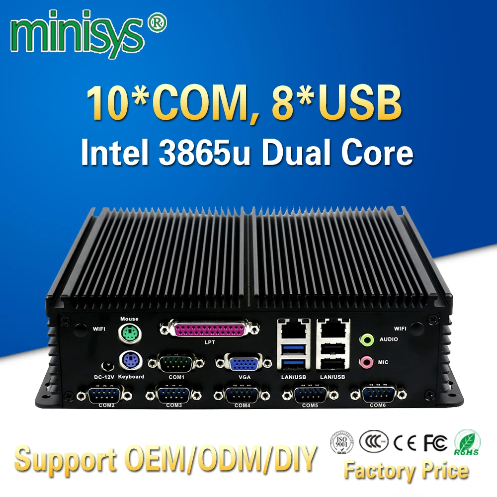 Minisys безвентиляторный промышленный мини ПК Intel Celeron 3865u Dual Lan 10 COM 8 USB 2* PS/2 микро встроенный компьютер поддержка LPT порт