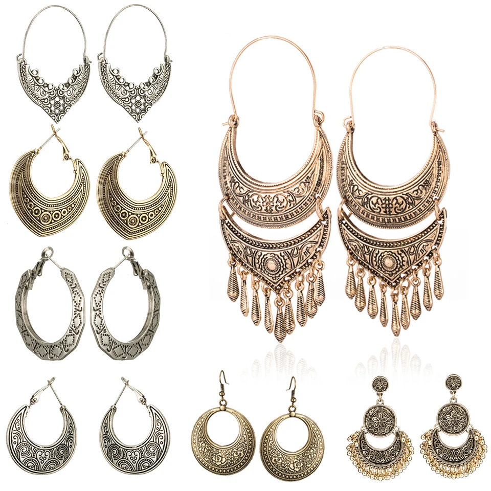 

Ethnic engraved pattern totem earring jewelry Boho metal leaf leave pendant long tassel geometric drop dangle earrings for women