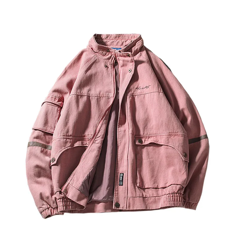 

Spring Men's Washed Retro Jacket Japanese Casual Loose Multi Pocket pink Denim Stand Collar Jackets Coats