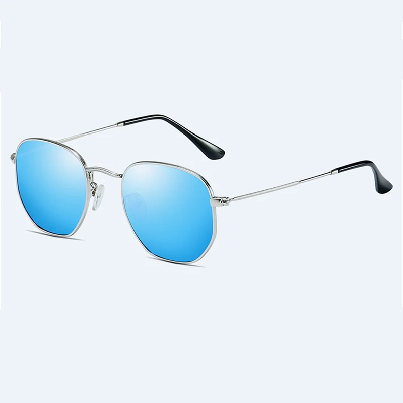 Шестигранные солнцезащитные очки, поляризационные, мужские, классические, брендовые, Плоские линзы, прозрачные, солнцезащитные очки, мужские, женские, Ретро стиль, металлическая оправа, очки для путешествий, UV400 - Цвет линз: Blue