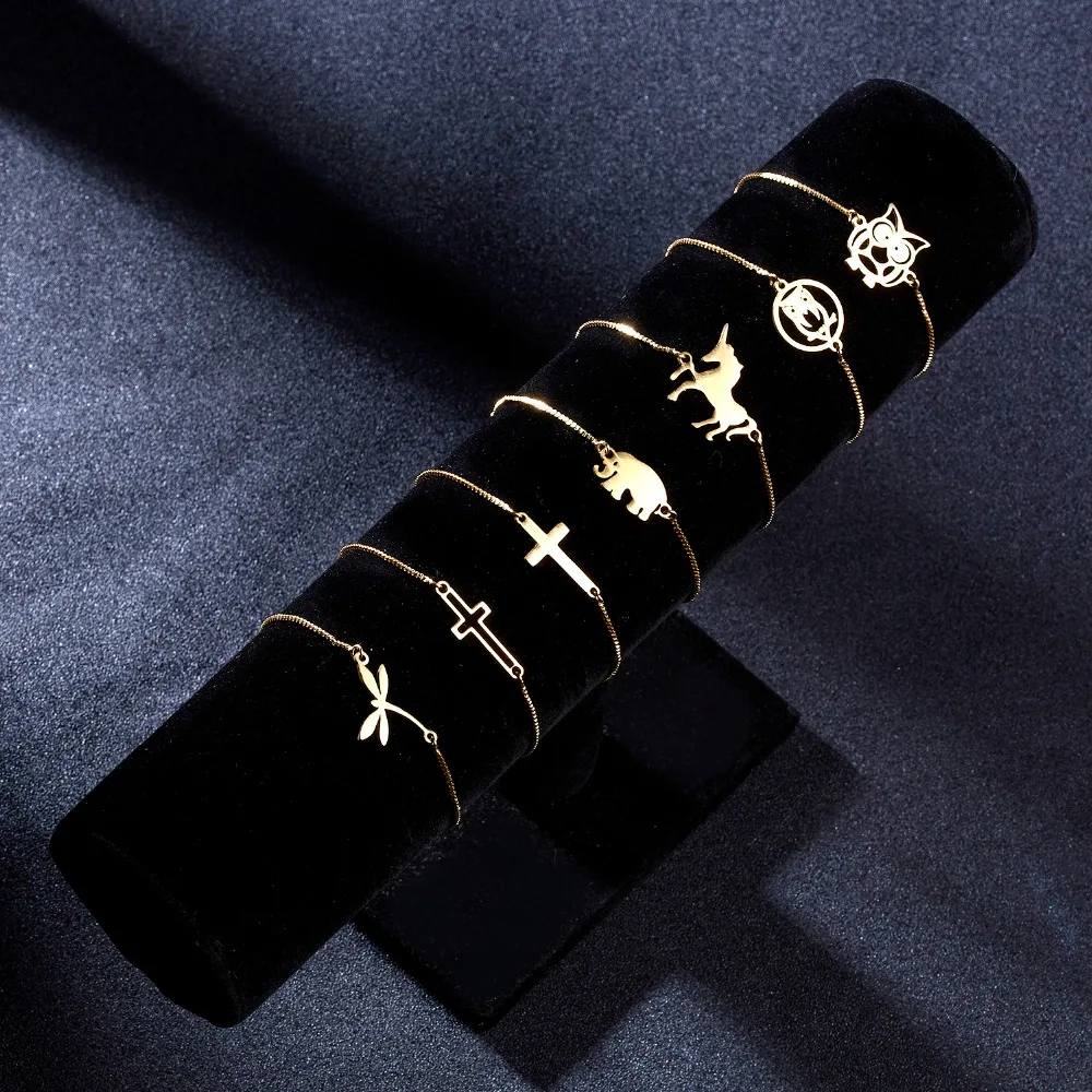 

Hot Sale Fashion Women Jewelry Cross Owl Dragonfly Animal Pendant Stainless Steel Bracelet Female Bead Chain Charm Bracelet