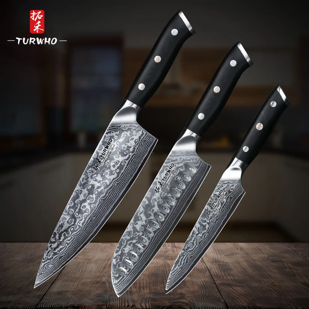 

TURWHO 3 Pcs High Quality Kitchen Knife Set Japan VG10 Damascus Steel knives Chef Santoku Utility Knife G10 Handle Kitchen Tools