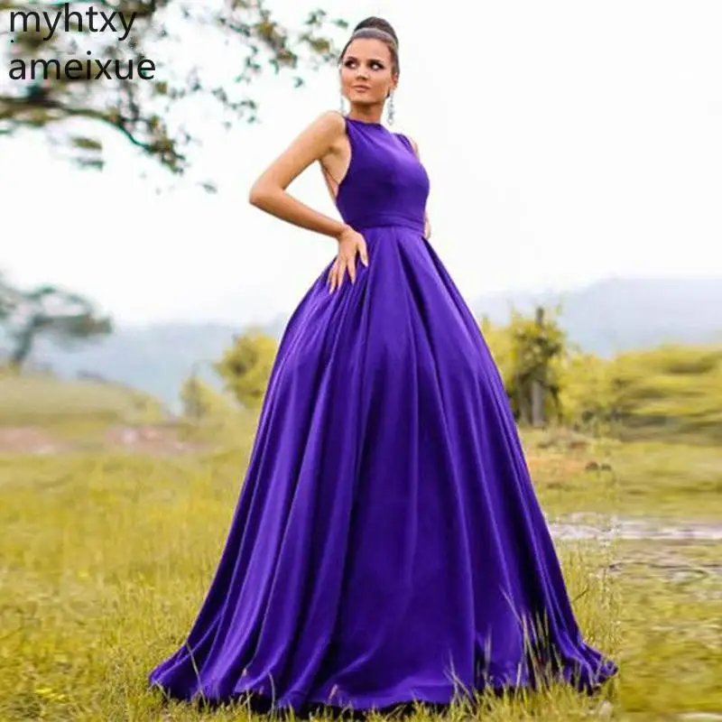 

Sexy Cheap Purple Evening Dress 2020 A-line Party Dresses Sleeveless Sweetheart Backless Sweep Train Evening Gown Robe De Soiree