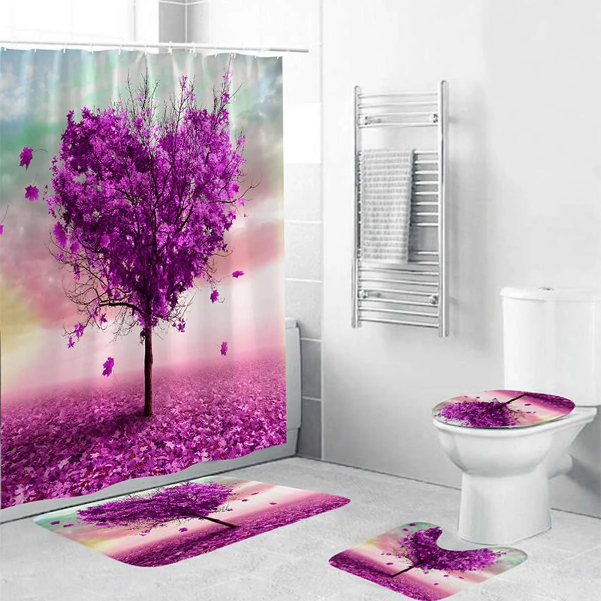 

180x180cm Waterproof Polyester Shower Curtain Pattern Bathroom Curtain with 12 hooks+3xAnti Slip Toilet Bath Mat Rug Lid Covers