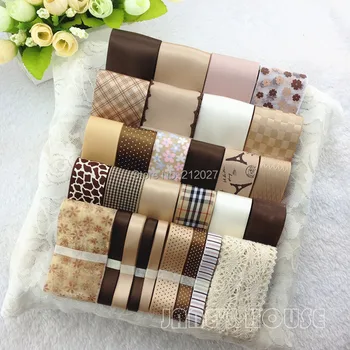 

Free shipping Champagne 29YDS Mixed 29 style satin / grosgrain ribbon cartoon ribbons set Cotton lace tape DIY hair accessory