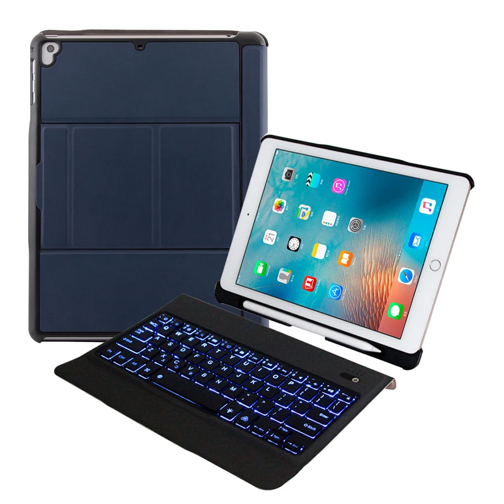 

10pcs 9.7 Inch Tablet Bluetooth LED Backlight Spanish Keyboard with Pen Slot Leather Cover Tablet Kickstand for iPad Air 1 2 Pro