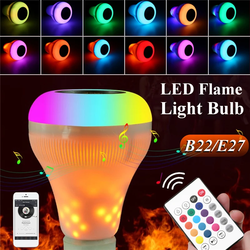 

B22/E27 Yellow/Colorful LED Music Flame Effect Light Bulb Wireless Bluetooth Speaker with Wireless Remote Control