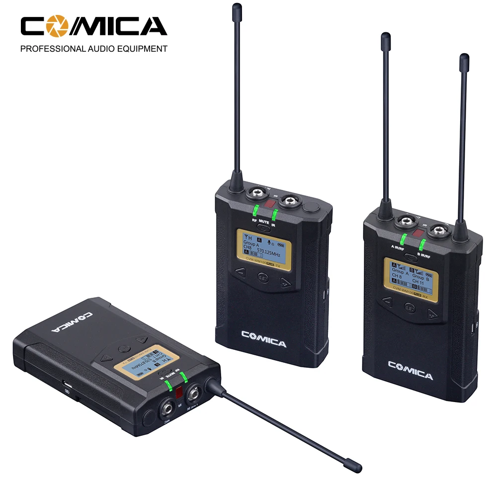 COMICA CVM-WM100 زائد UHF 48-قنوات نظام لاسلكي ثنائي Lavalier ميكروفون لكانون نيكون سوني باناسونيك كاميرا DSLR