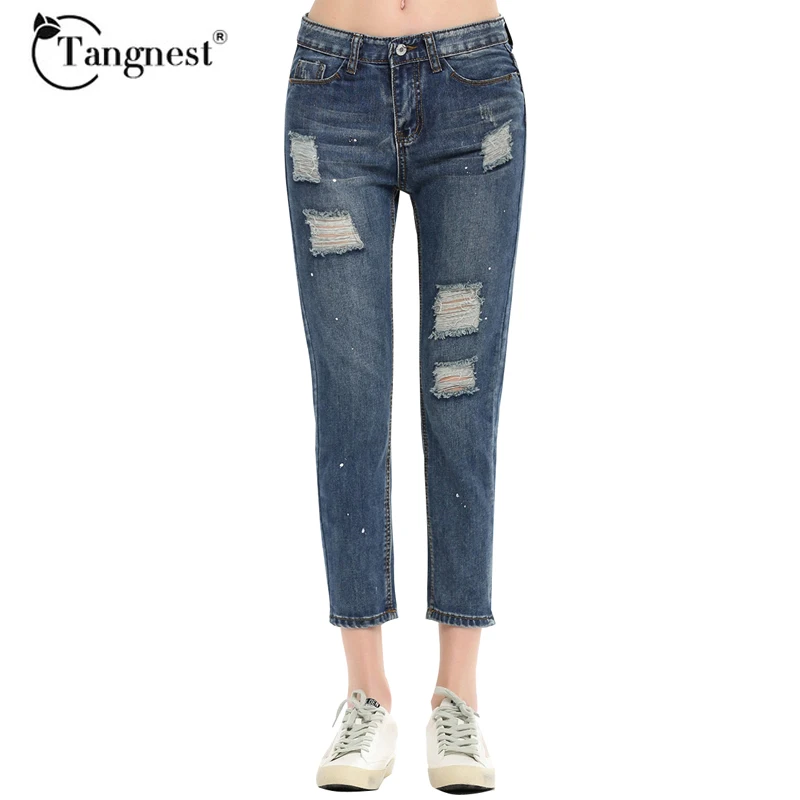 

TANGNEST Women Ankle-Length Pants Jeans 2017 Denim Spring Summer Vintage Hole Style Washed Skinny Women Pants Trousers WKN375