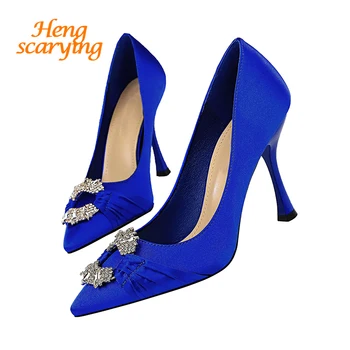 

2020 Woman's 10cm High Heel Scarpins Crystal Satin Pumps Female Silk Blue Green Wedding Bridal Valentine Burgundy Fetish Shoes