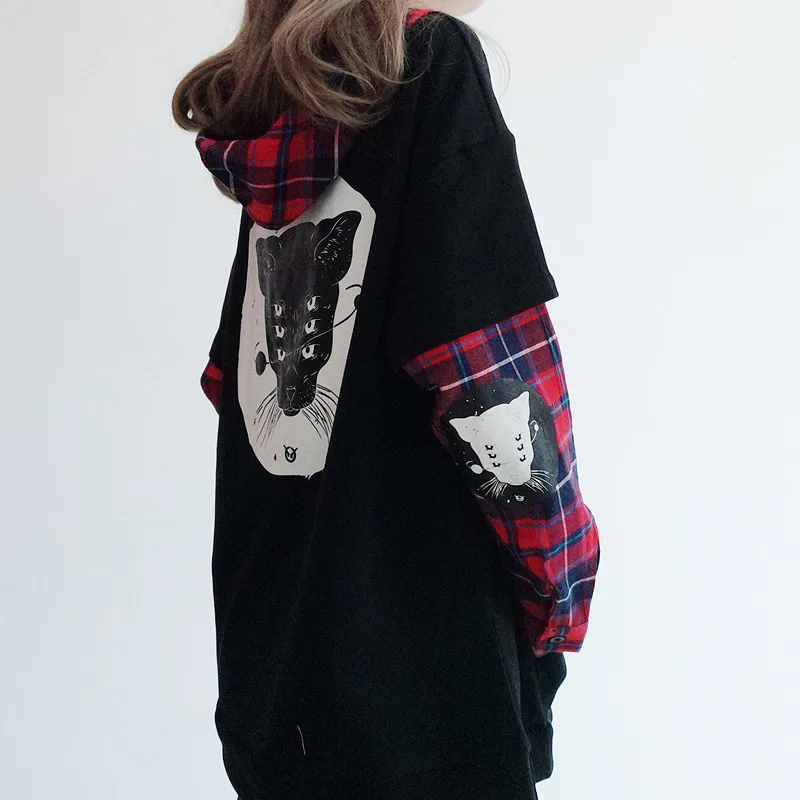Японский милый уличный женский свитер Harajuku Kpop Kawaii Cat Аниме одежда для девочек клетчатые толстовки черный пуловер Женская толстовка