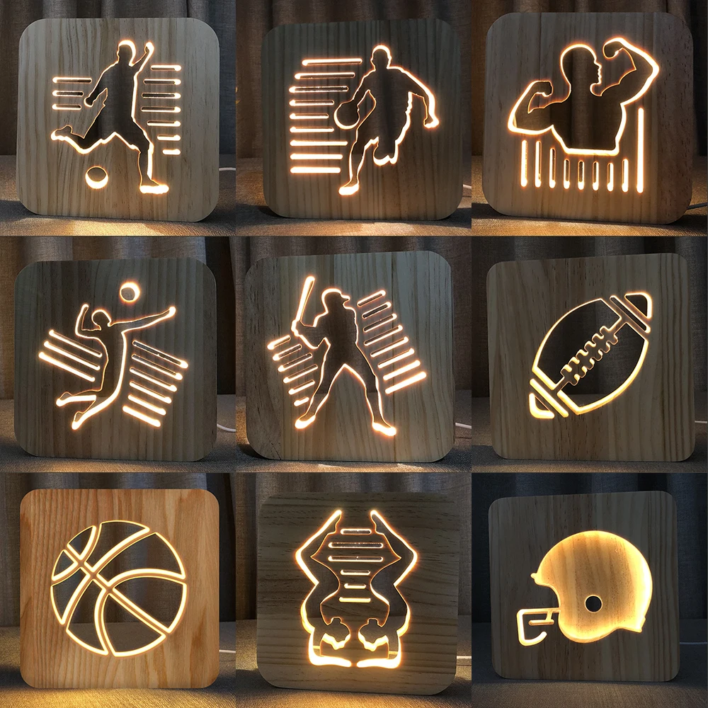 3D бейсбол футбол Американский футбол волейбол баскетбол Бодибилдинг Йога деревянная резьба ночной Светильник СВЕТОДИОДНЫЙ лампада
