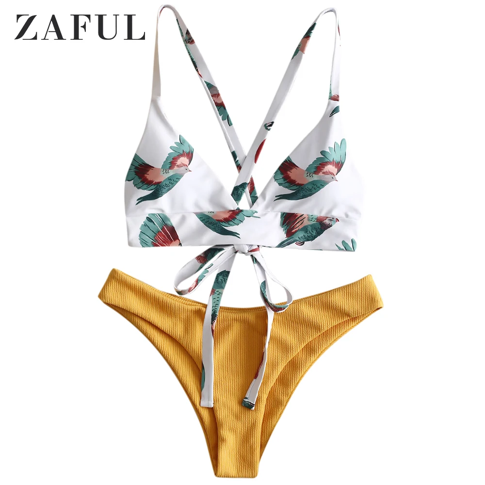 

ZAFUL Women Bikini Swimsuit Bird Color Block Criss Cross Bikini Set Lady Sexy Swimwear Summer Beach Bathing Suit