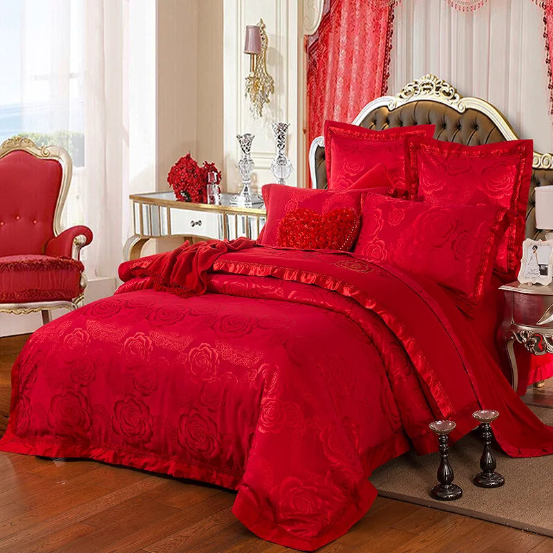 

2018 Blossoming Red Flowers Bedlinens Silk Cotton Blend Duvet Cover Set Jacquard Queen King Bed Cover Sheet Pillowcases