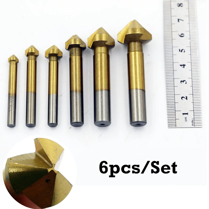 

6pcs Titanium Coated Chamfer 90 Degree 3 flutes Chamfering Edge Mill Cutter Wood Drilling Tools Countersink Drill Bits