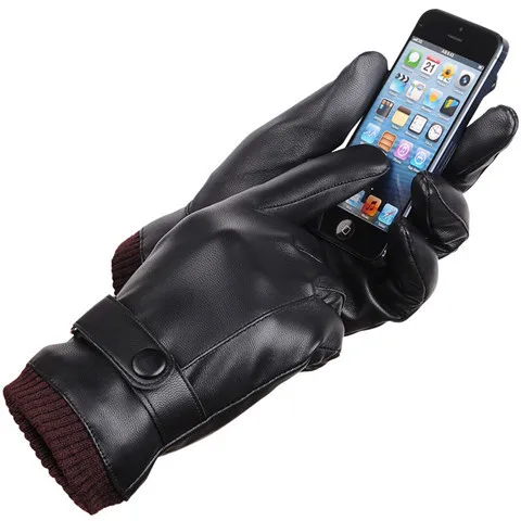 Теплые мужские перчатки из искусственной кожи, Зимние перчатки для езды на велосипеде с сенсорным экраном, мягкие черные перчатки - Цвет: Man