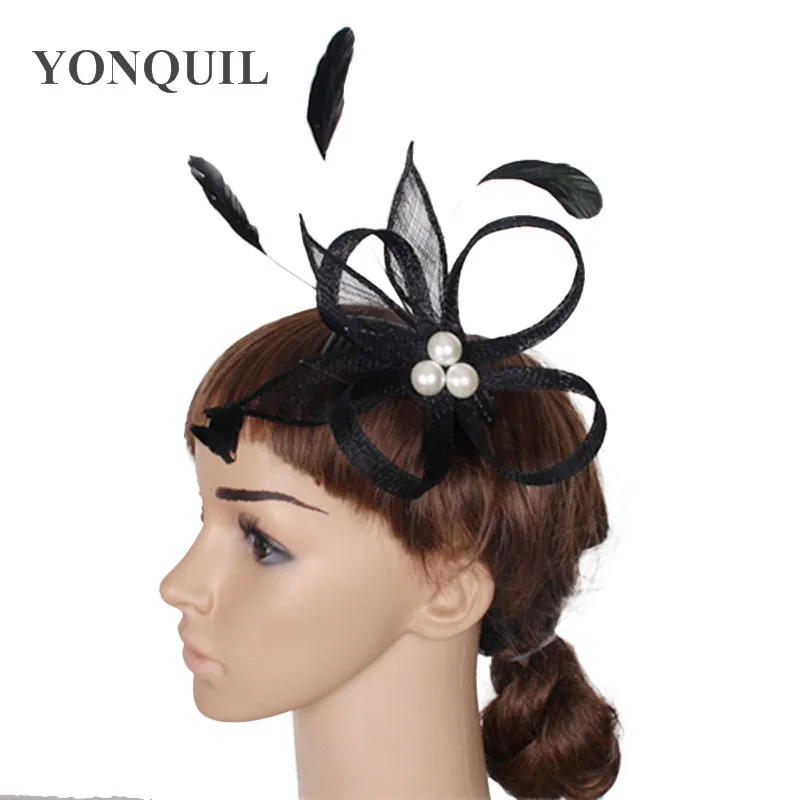 Бежевый свадебный головной убор Sinamay шляпа гребень для волос модные перо с имитацией жемчуга Аксессуары для волос 21 цветов могут быть выбраны SYF06