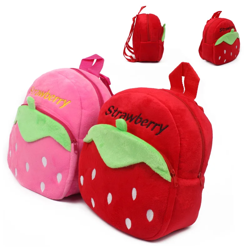 Cute Strawberry Plush Backpack Cartoon Animal Mini School Bags Saco de doces para crianças Baby Girl Boy Gift 1-3 anos