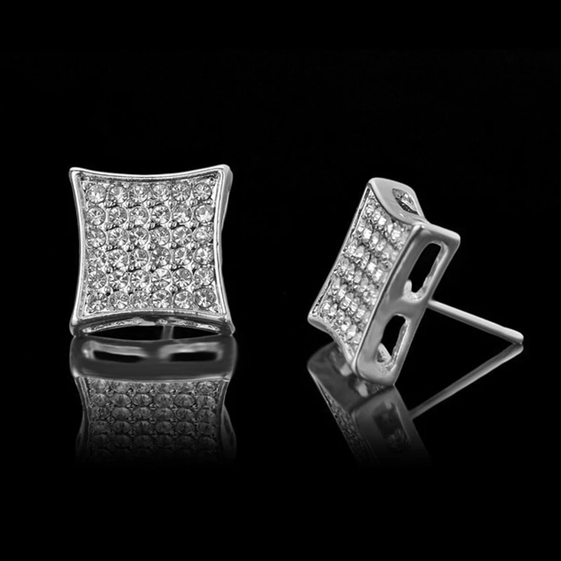 

New Trendy Iced Out Bling Square Stud Earrings Silver&Gold Color Micro Pave Full Cubic Zirconia Earring Hip Hop Jewelry Z3C196