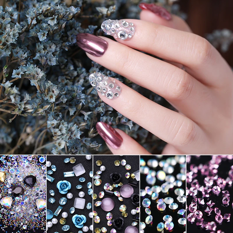 

1 Bag Nail Art Rhinestones Nail Studs Rivet AB Color Shiny Crystal Mixed Size Flat Back Stones Marquise 3D Nail Art Decoration