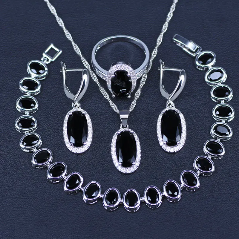 

925 Sterling Silver Jewelry Black Cubic Zirconia White CZ Jewelry Sets For Women Earrings/Pendant/Necklace/Rings/Bracelet