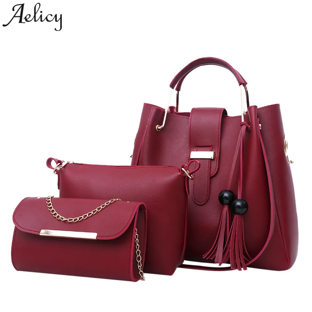 

Aelicy 2018 New 3pcs Leather Bags Famous Brand Tassel Shoulder Crossbody Bag Lady Tote Bag Handbag Crossbody Wallet Bag Set