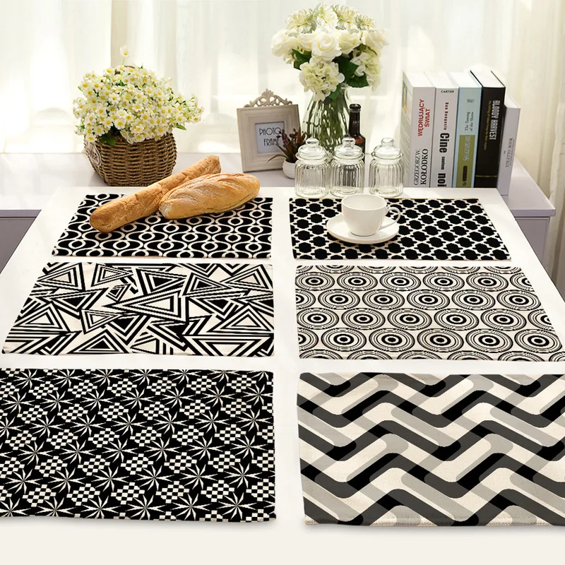 Abstract Geometric Black and White Pattern Table Placemats Linen Rectangle Kitchen Stuff Decoration Accessories Home | Дом и сад