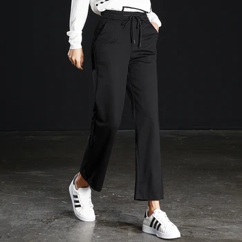 

women elastic high waist ankle length straight pants summer